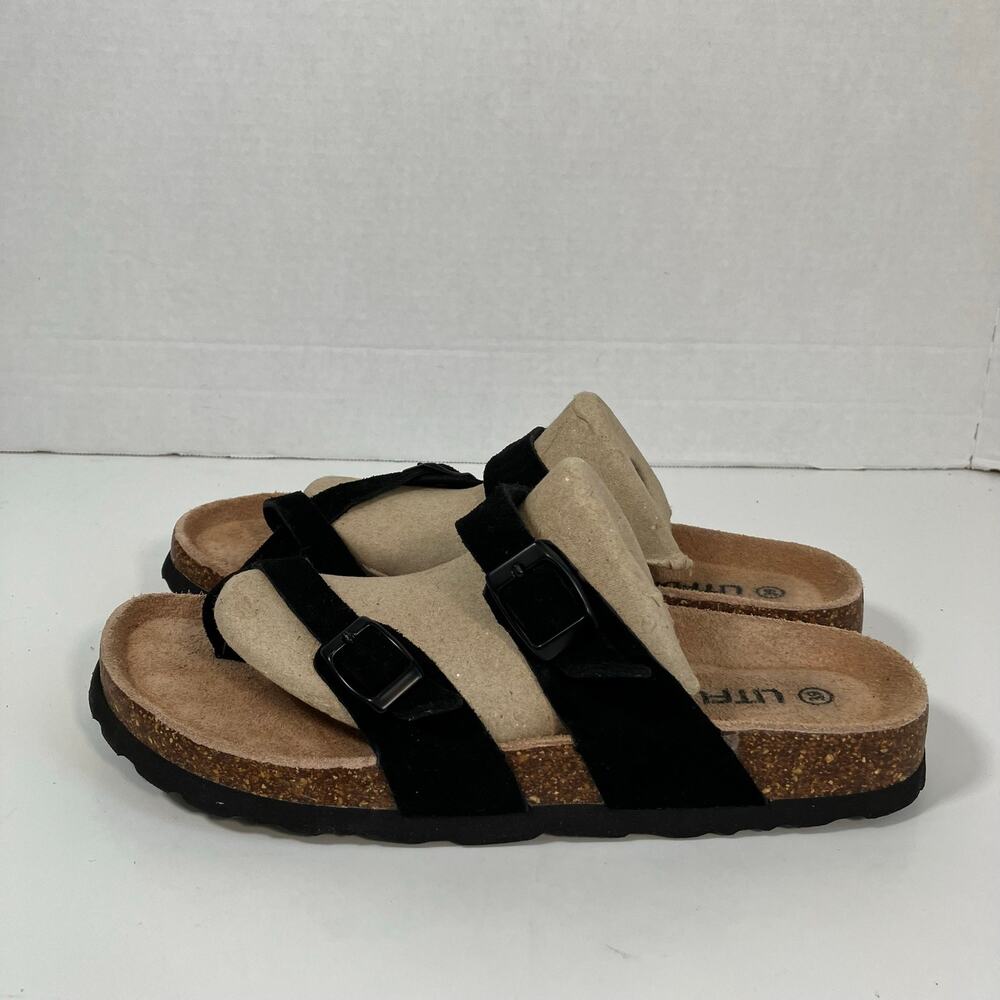 Litfun Sz 39 Suede Cork Footbed Sandals Comfortable Slides Adjustable Buckle